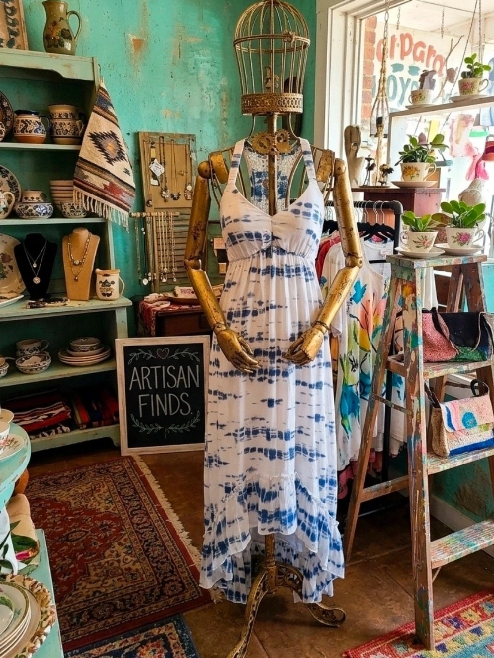 Boho Tie-Dye Lace/Cotton Maxi Dress Size L - White & Navy by Olsenboys